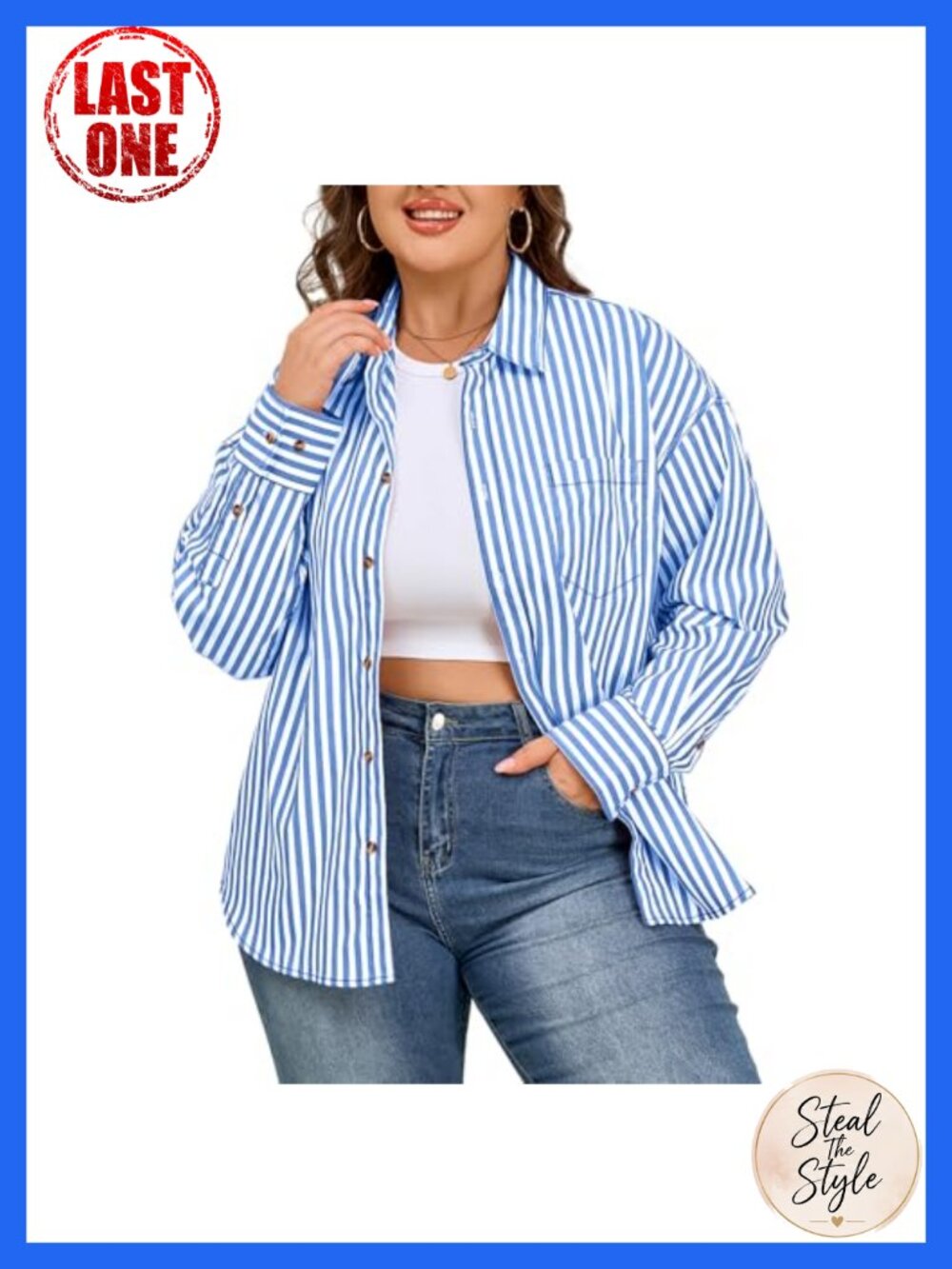 Plus Size Striped Button Down Shirt with Pocket 100% Cotton Long Sleeve Blouse